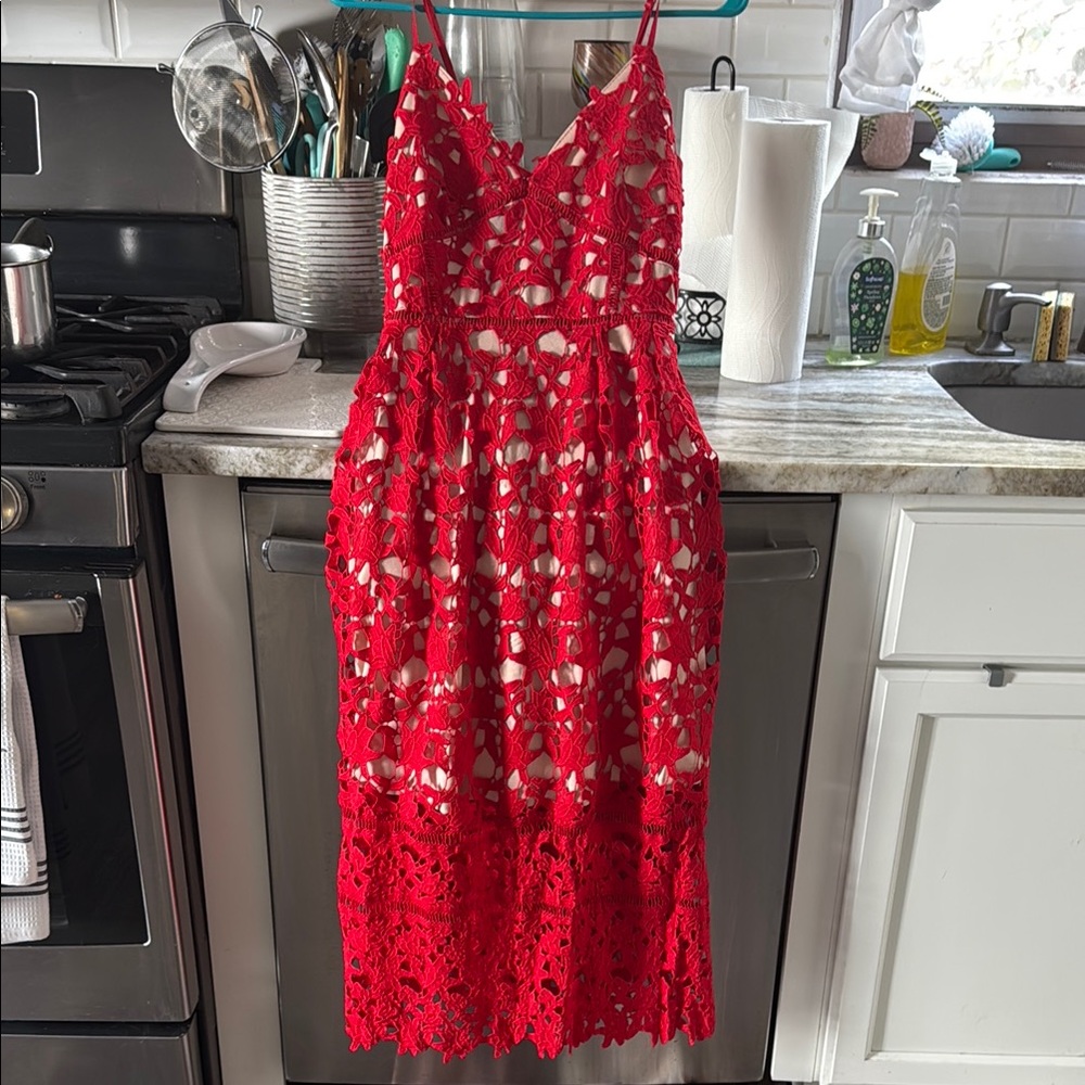 Red Midi Sundress with Spaghetti Straps and V-Neckline